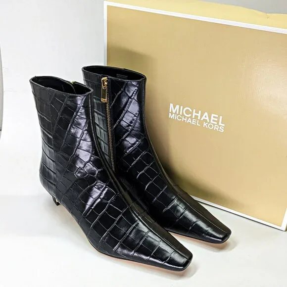 Michael Kors Black Croc-Embossed Heeled Boots - Picture 3 of 12